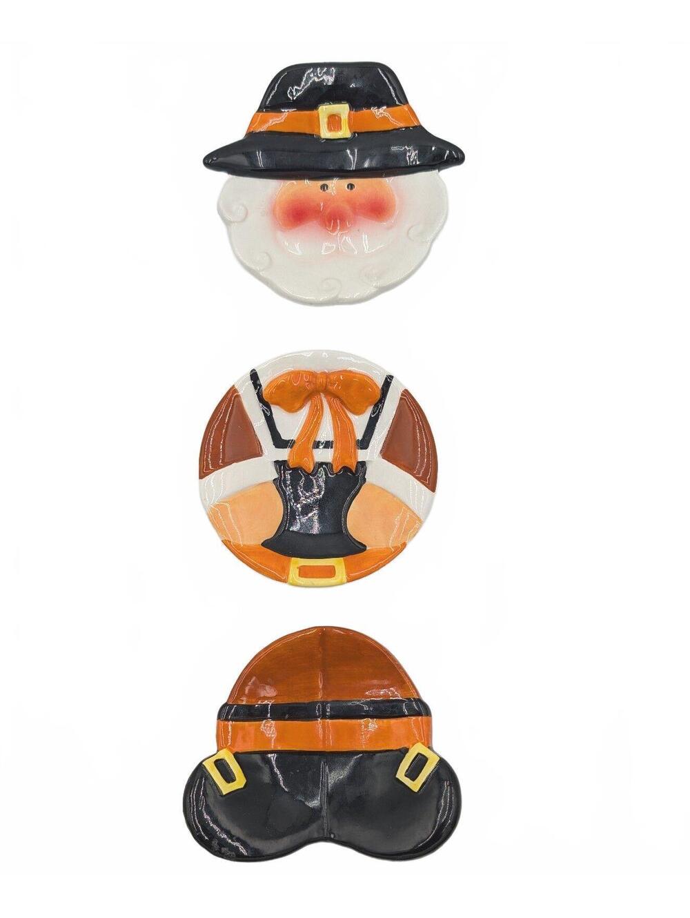 Vintage Ganz 3 Piece Stacking Pilgrim Man Thanksgiving Dessert Plate Set Fall